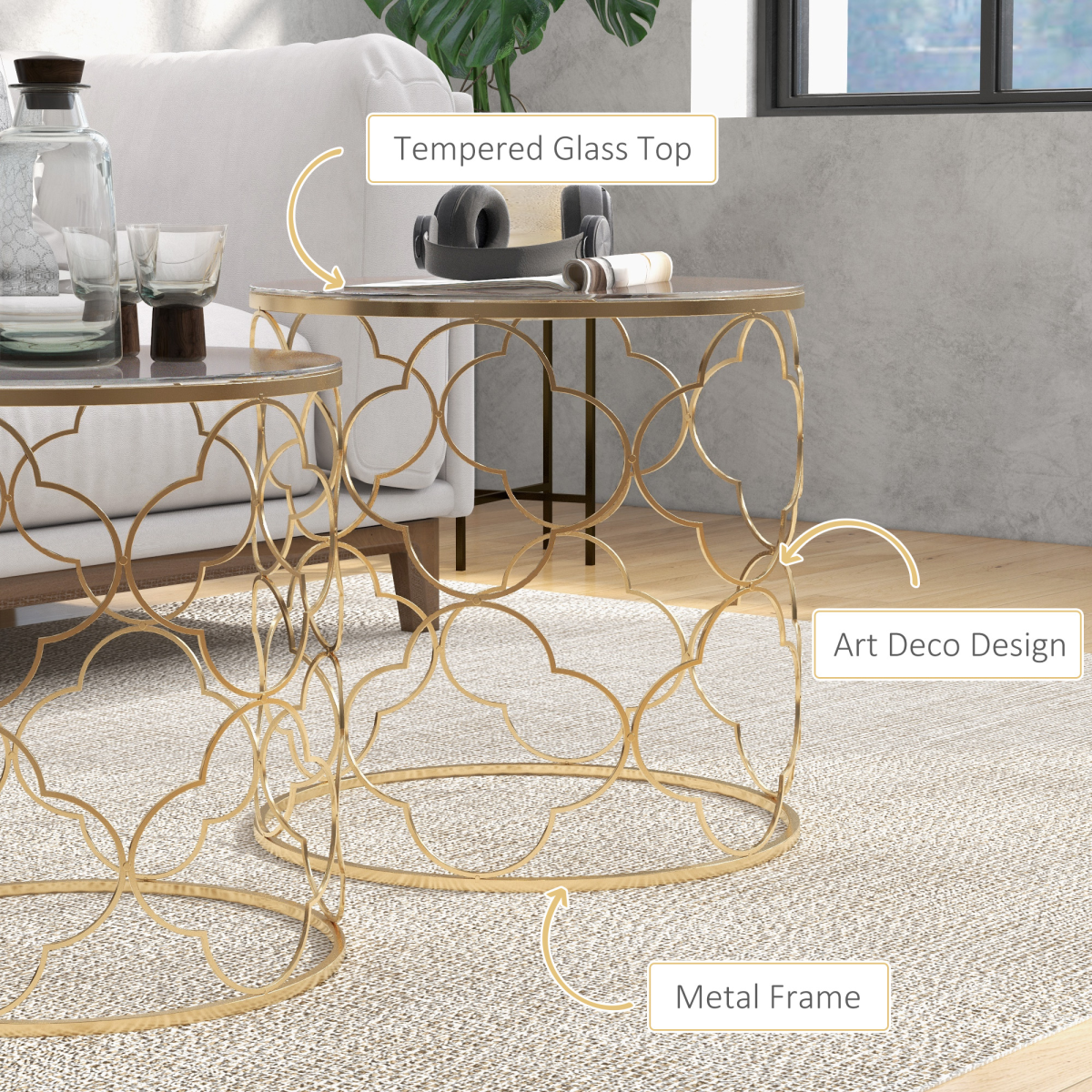 HOMCOM Nesting Tables Two Piece Glass Top Gold Tone For Modern Living Room Decor - HOMCOM - Home Symphony