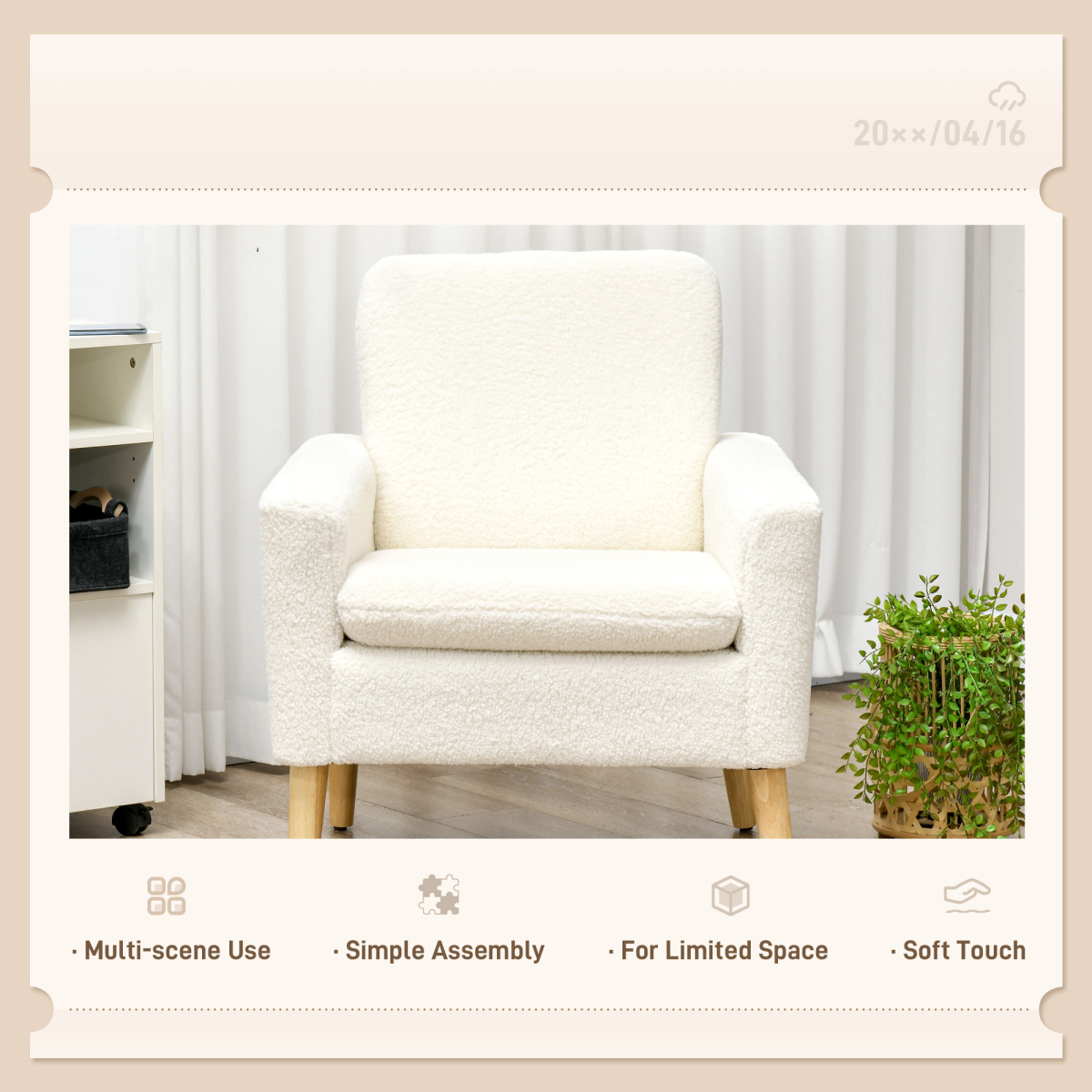 HOMCOM Teddy Armchair Cream Wide Seat With Wood Legs Home, plush teddy fleece upholstery and sturdy wood legs.