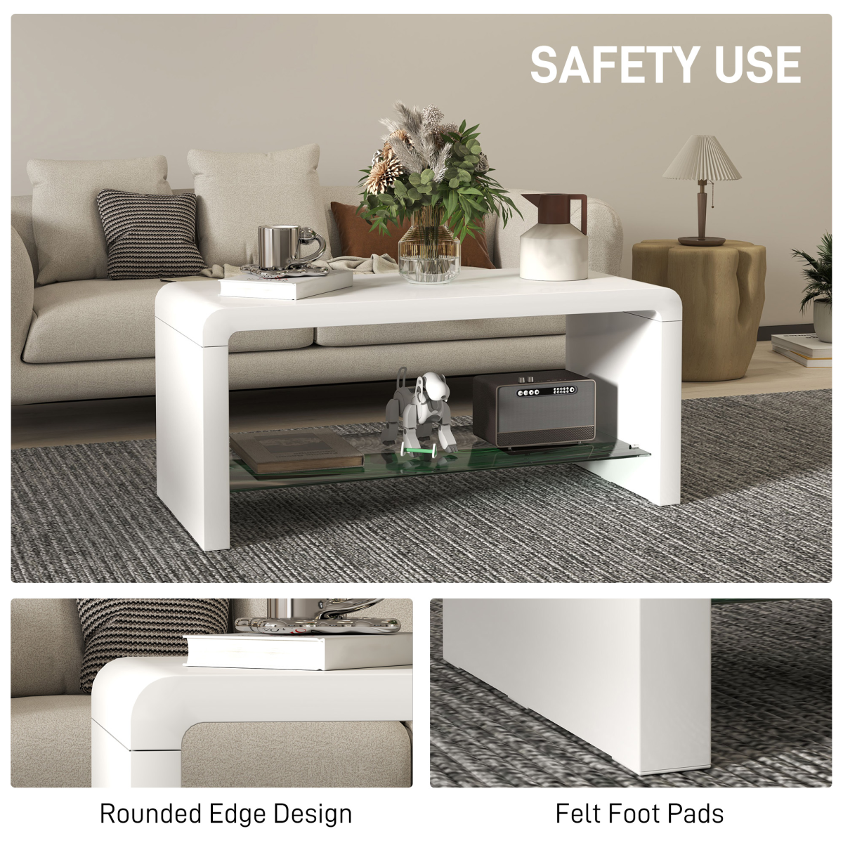 HOMCOM High Gloss Storage Coffee Table Two Tier White With Glass Shelf For Living Room