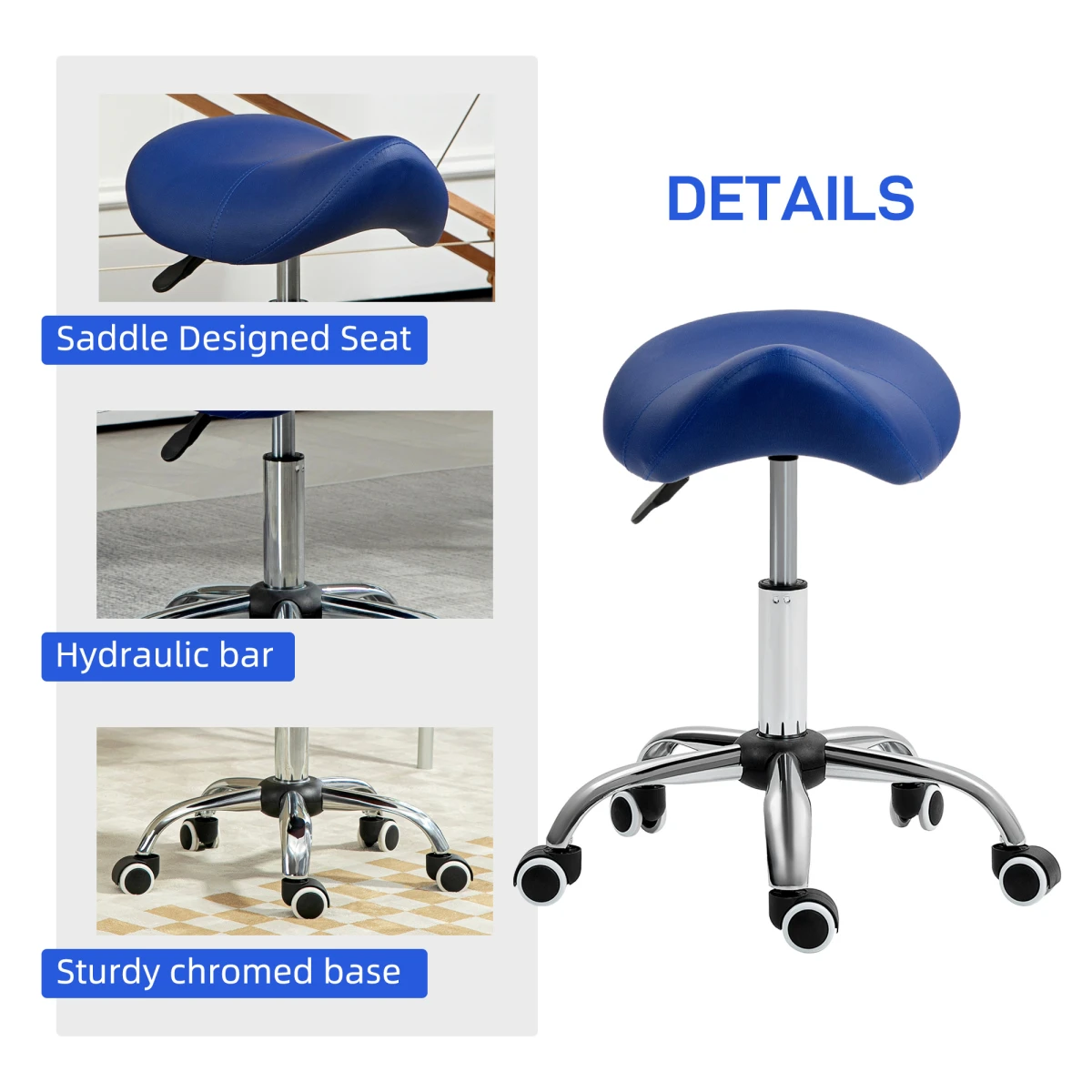 HOMCOM Saddle Stool 49-61cm Blue PU Leather 5-Wheel Base for Salons and Home Beauty by HOMCOM