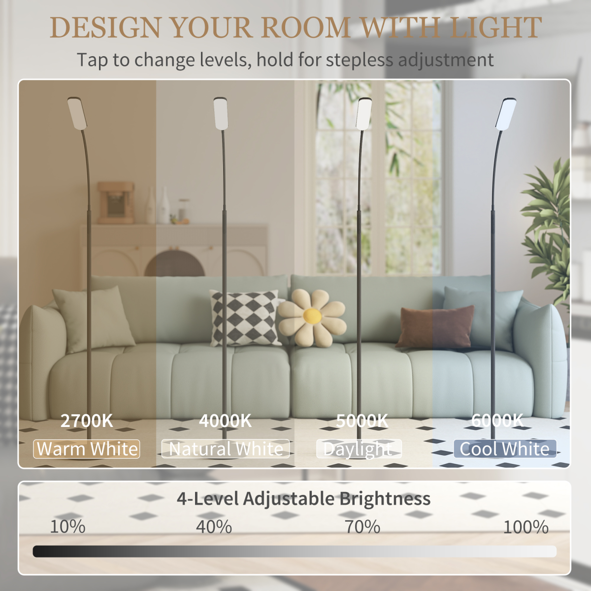 HOMCOM LED Floor Lamp for Living Room with Magnetic Remote Control, Black offers 4 brightness levels and five scene modes.