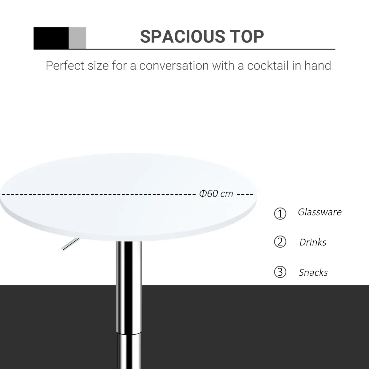Unbranded 60cm Adjustable Height Round Bar Table w/ Swivel Top Metal Frame White - Dining Table
