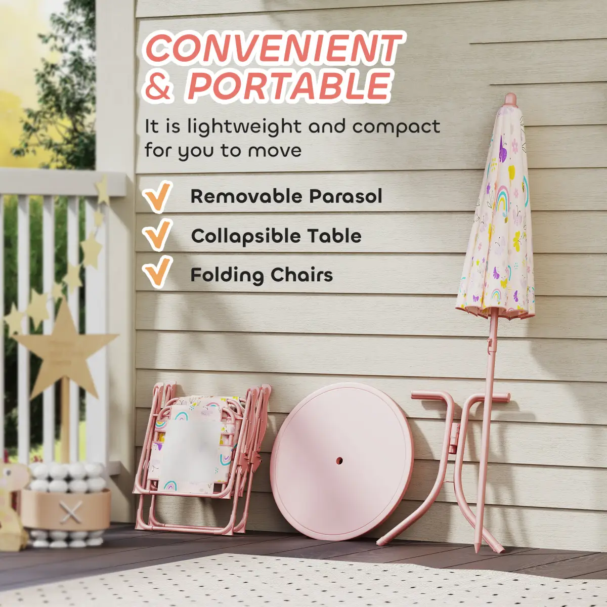 AIYAPLAY AIYAPLAY Kids Garden Table and Chair Set, Outdoor Patio Set w/ Parasol, Pink - Picnic Tables