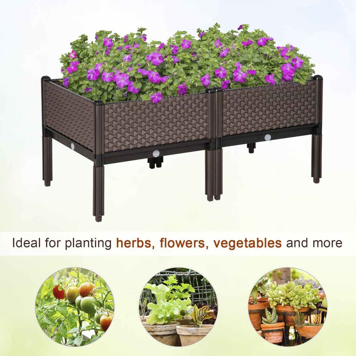 Outsunny brown raised garden bed set of 2 for balcony gardening with herbs and flowers.