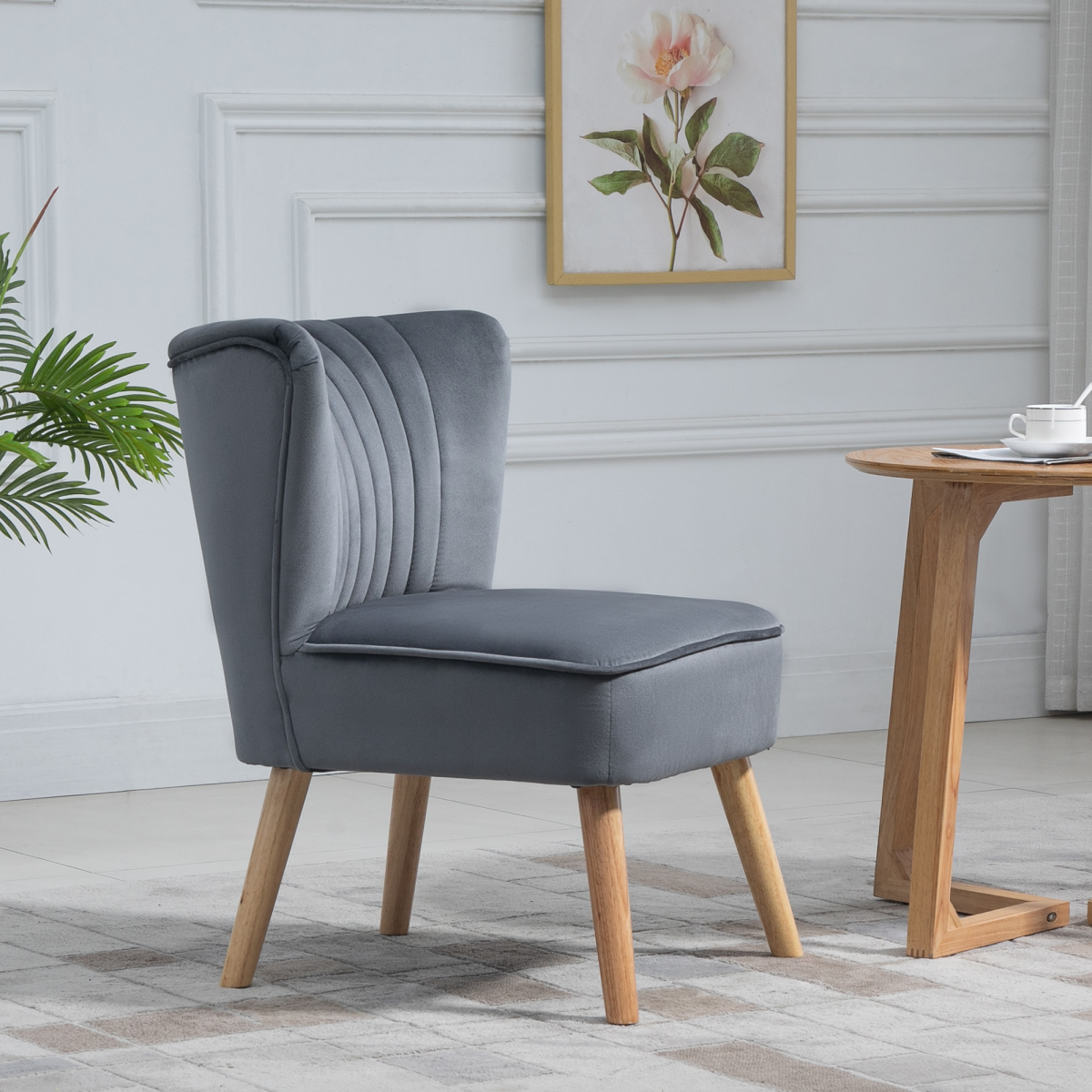 HOMCOM Velvet Accent Tub Chair Soft Upholstery Living Room in grey velvet with light wood legs.