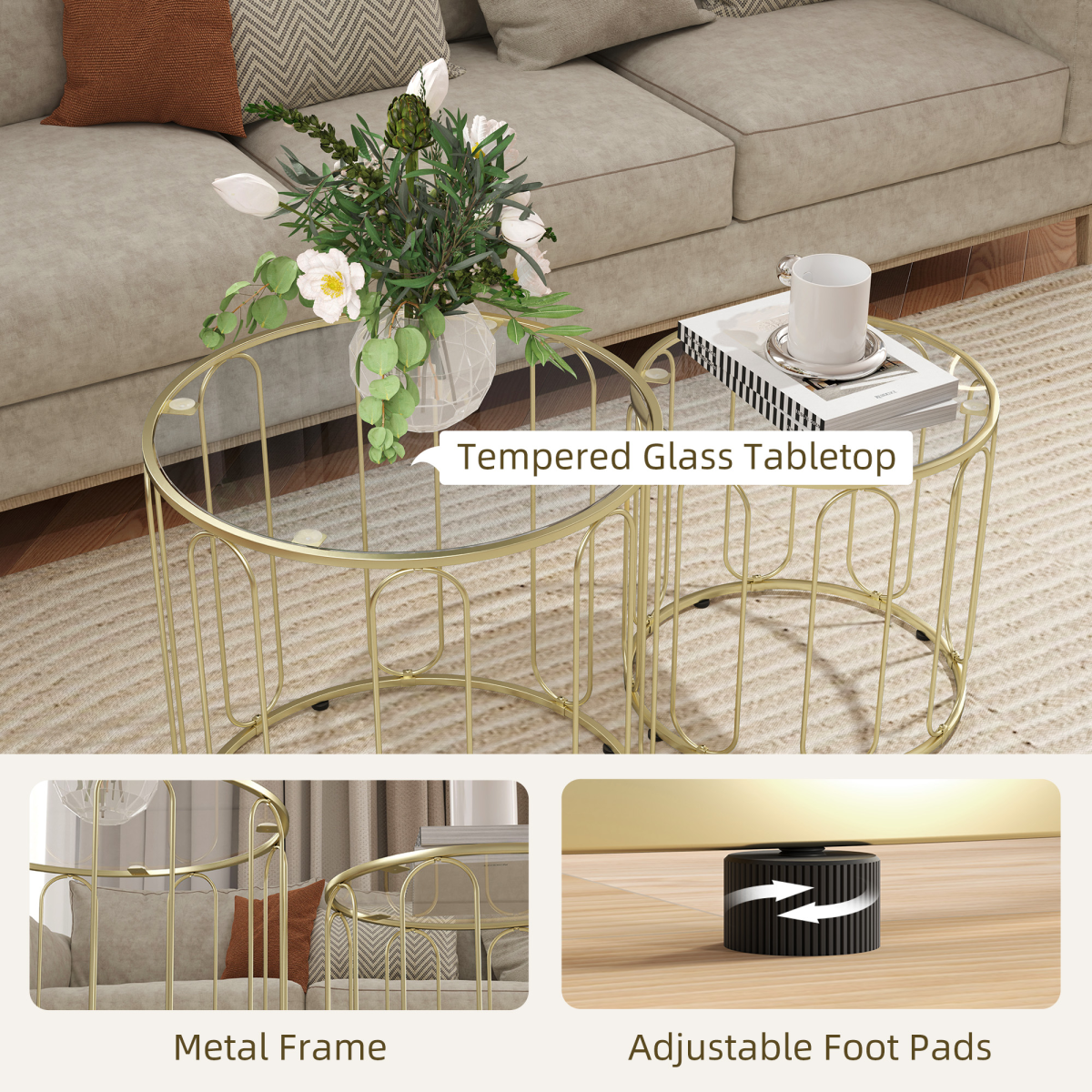 HOMCOM Nesting Coffee Tables Glass Top Gold Home - HOMCOM - Home Symphony