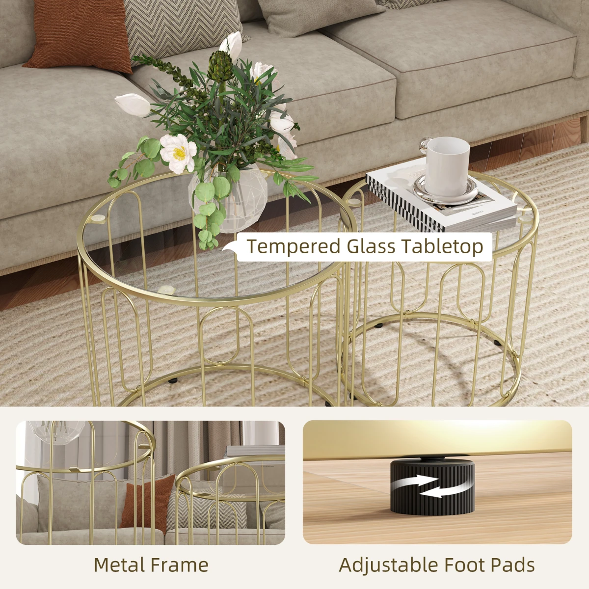 HOMCOM Nesting Coffee Tables Glass Top Gold Home by HOMCOM