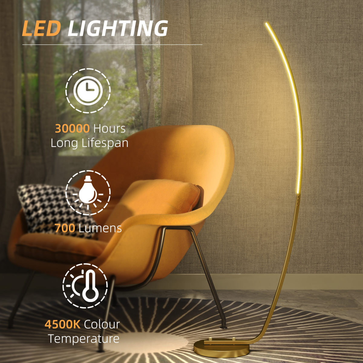 Stylish HOMCOM Floor Lamp with LED Strip, Standing Lamp for Living Room, Gold Tone enhances your space with unique design.