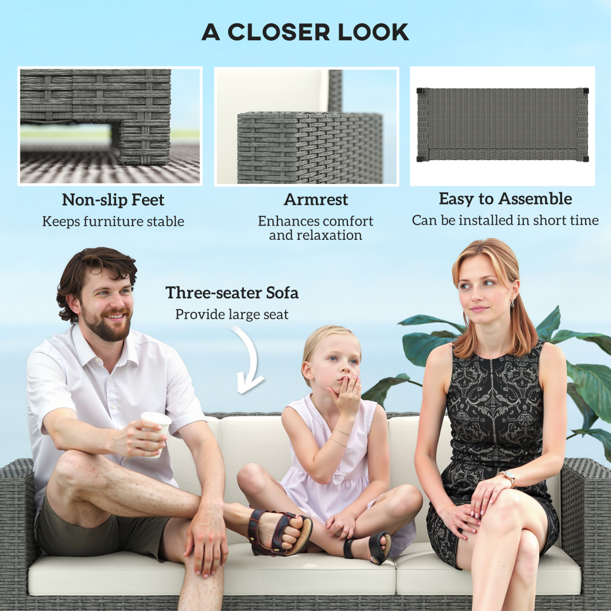 Outsunny Rattan 3 Seat Sofa Cushions 10cm Thick Outdoor - Outsunny - Home Symphony