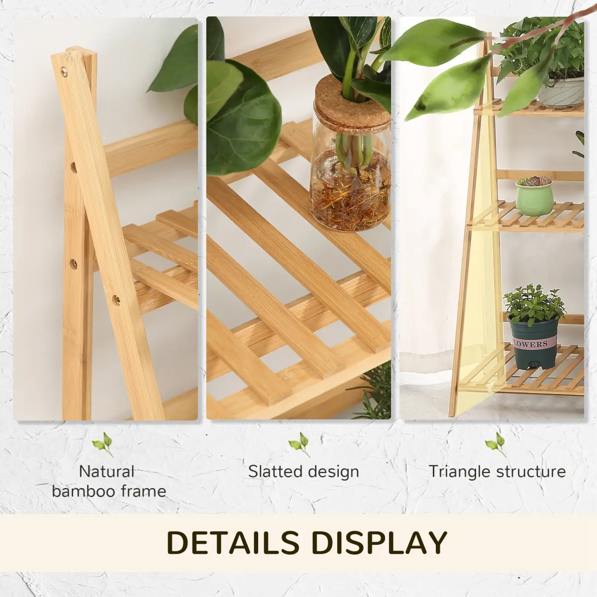 Outsunny 3-Tier Folding Bamboo Plant Stand Display Shelf Rack for Indoor & Outdoor - Wine Rack