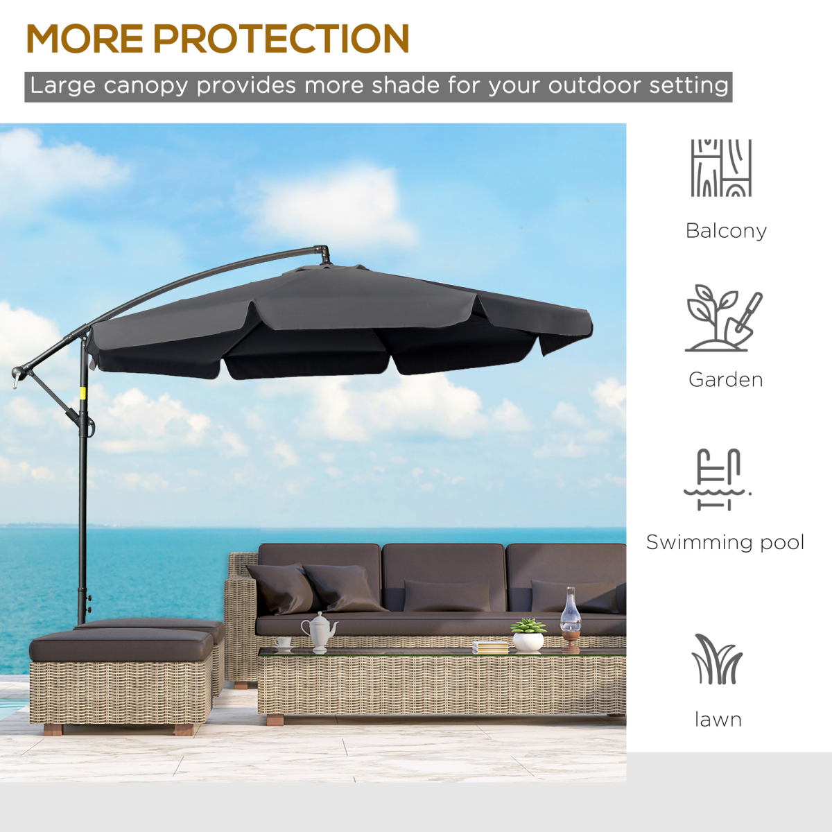 Outsunny 2.7m Garden Cantilever Banana Parasol Sun Shade w/ Crank, Black - Parasol