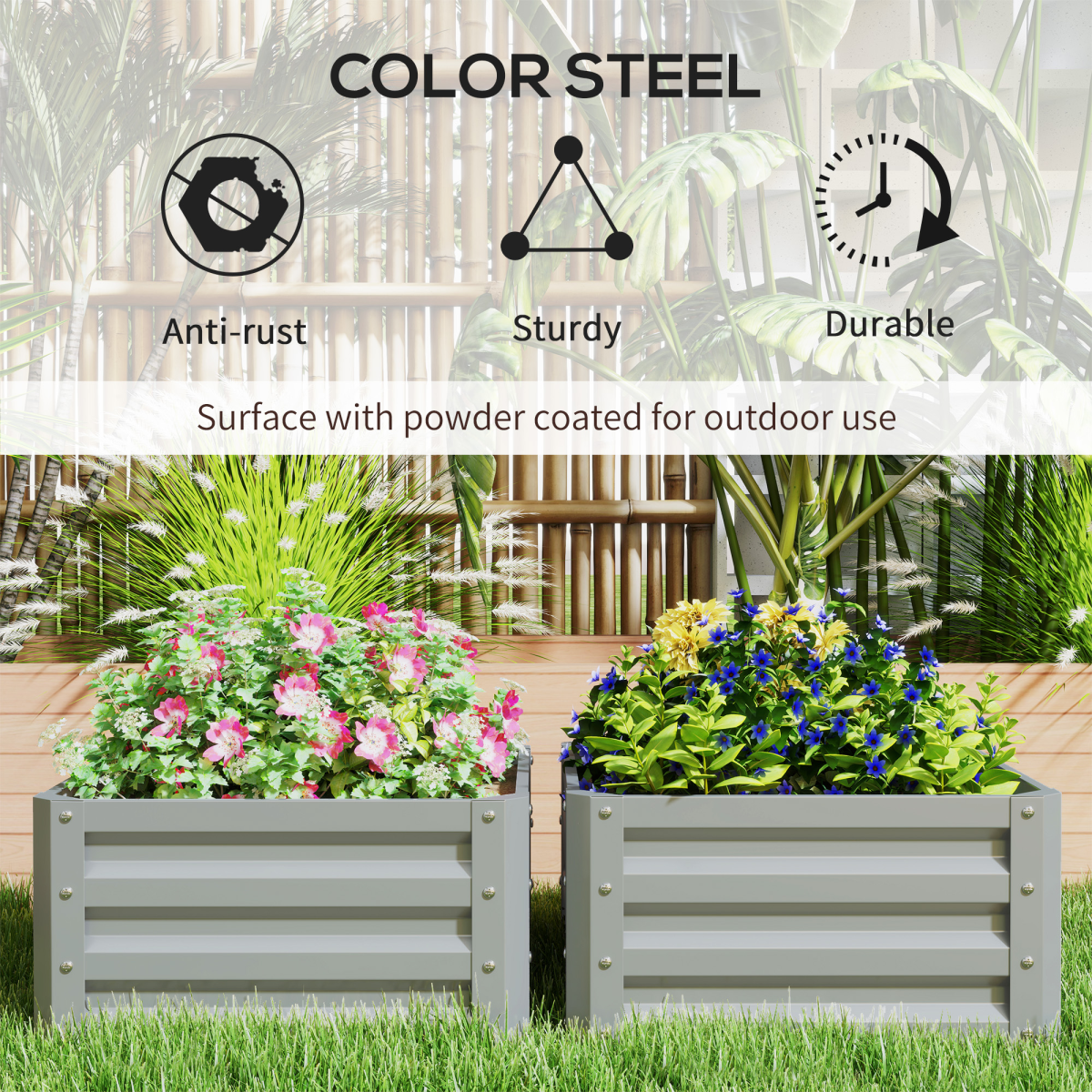 Outsunny two-pack galvanised steel raised garden beds on a patio, with flowering plants.