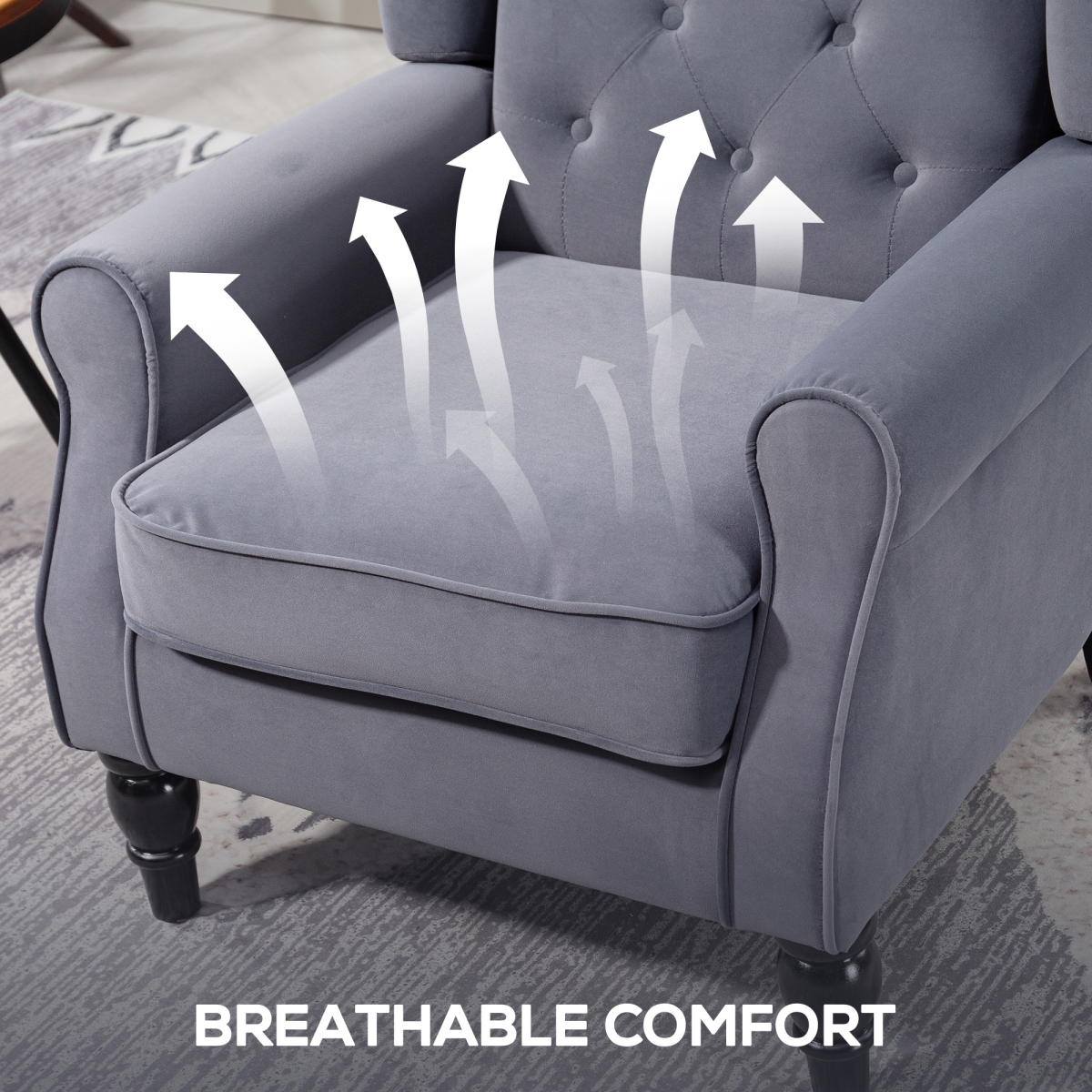 HOMCOM charcoal velvet accent armchair with tufted high-back, piping arms, breathable comfort, solid wood legs