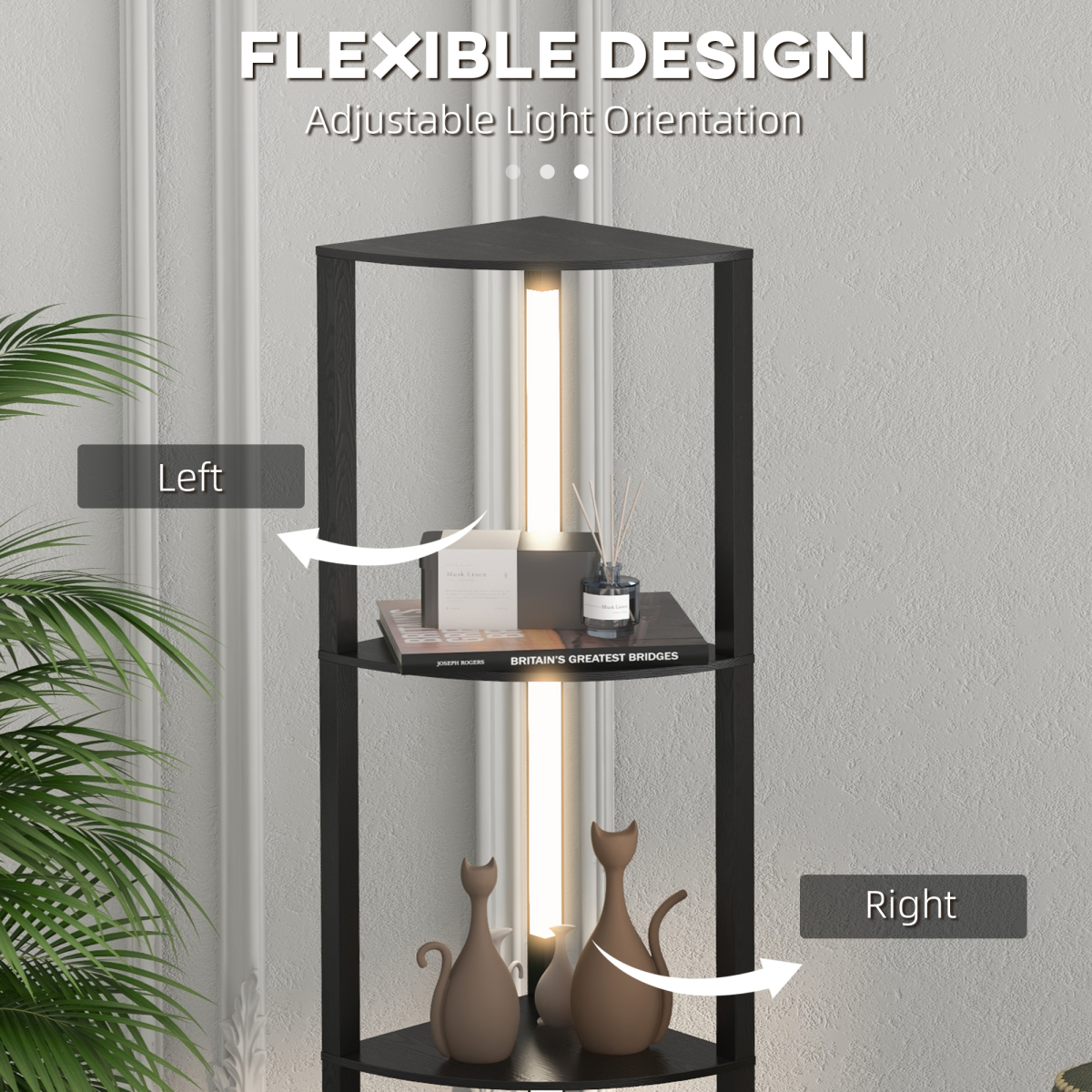 HOMCOM Corner Floor Lamp with Dimmable Warm White LED Light, for Living Room features shelves and adjustable light orientation.