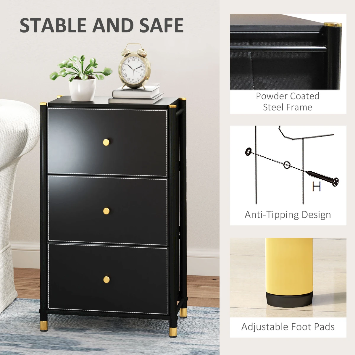 HOMCOM HOMCOM Three-Drawer Chest Faux Leather Fronts Gold Accents For Bedroom And Living Room - Chest of Drawers