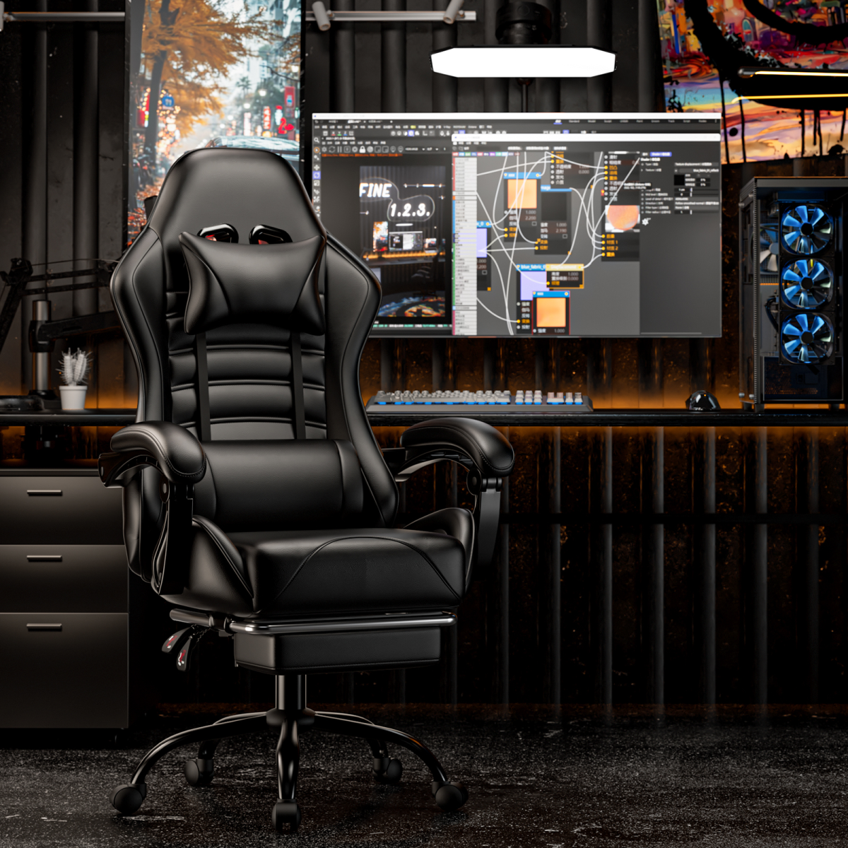 Premium Gaming Chair High Back Adjustable Lumbar For Gamers by Home Symphony Black leather gaming setup with monitors.