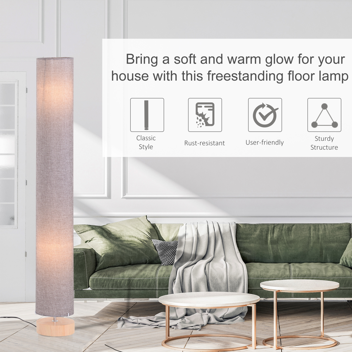 Stylish 120H cm Wooden Base Floor Lamp W/Linen Fabric-Grey, perfect for adding warm light to any contemporary decor.