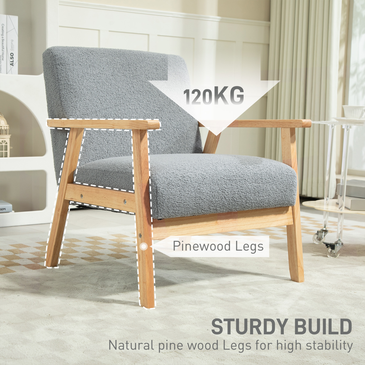 HOMCOM Accent Chair Wide Seat Cashmere Cushion Living Room with pinewood legs, grey cashmere upholstery.