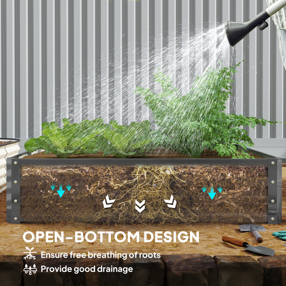 Outsunny raised garden bed, 30cm tall galvanized steel with open-bottom design for root air circulation and drainage