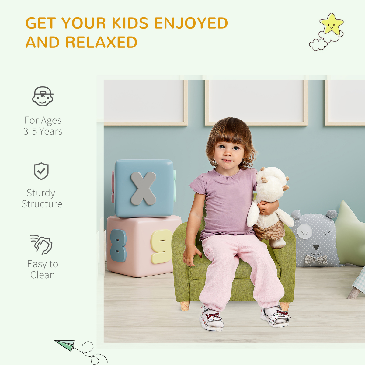 Child sits on a green HOMCOM armchair with a wood frame and padded seat in a kids' bedroom.
