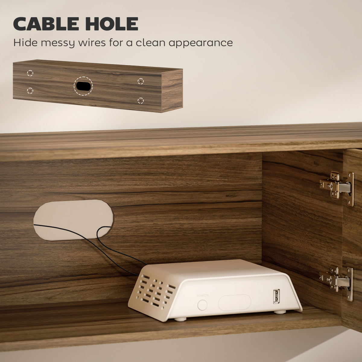 HOMCOM 65in floating TV stand, Rustic Brown Den, wall-mounted with cable hole and AV gear storage.