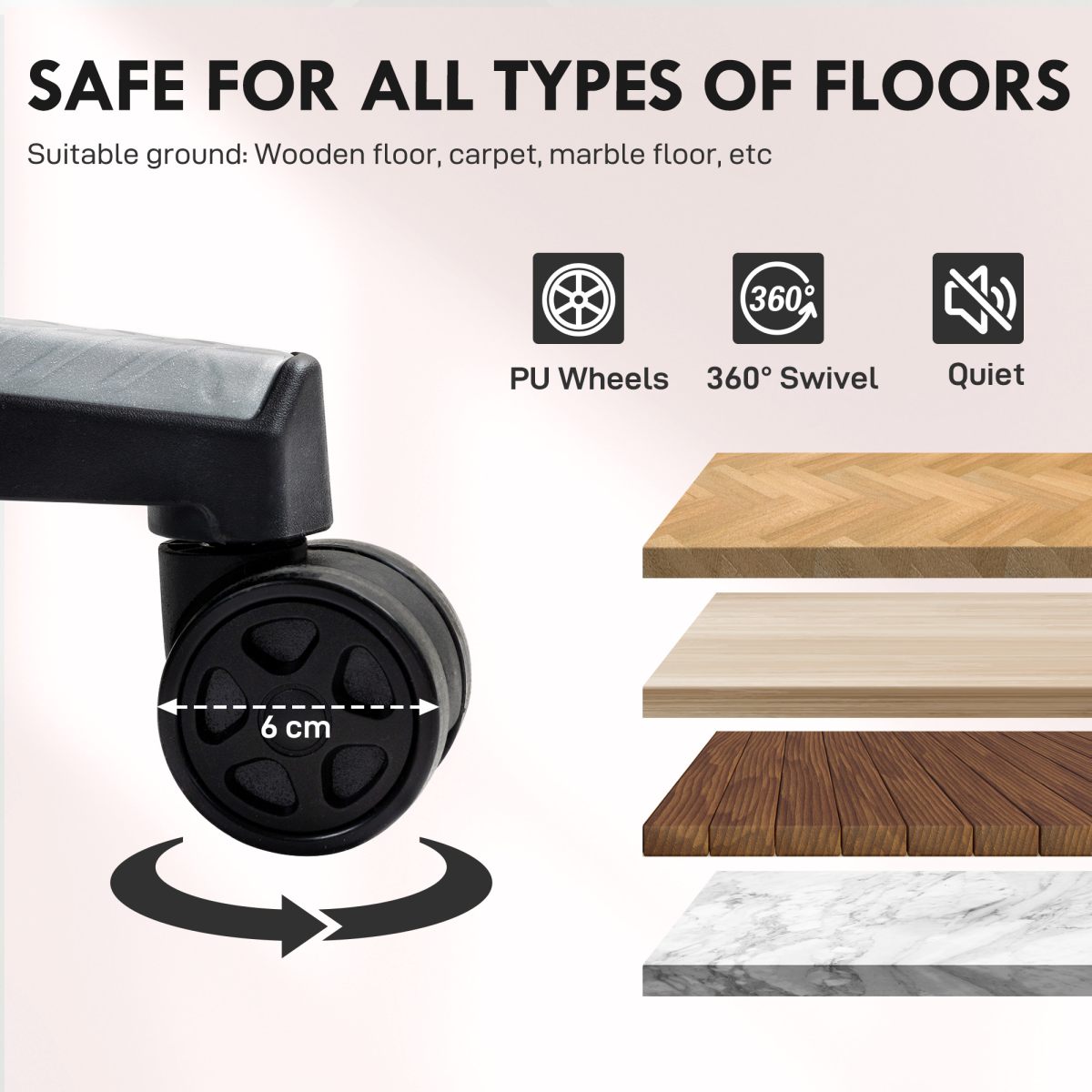 HOMCOM Gaming Chair Standard Size Adjustable Tilt For Gamers – showcasing 6 cm swivel wheels and flooring finishes.