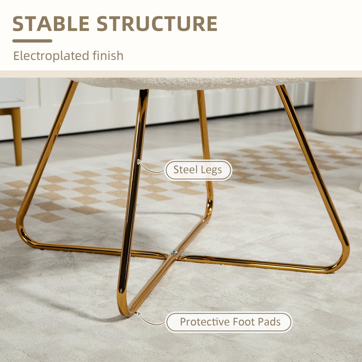 Two compact cream cashmere HOMCOM Accent Chair Set 2 with gold steel legs and protective foot pads.