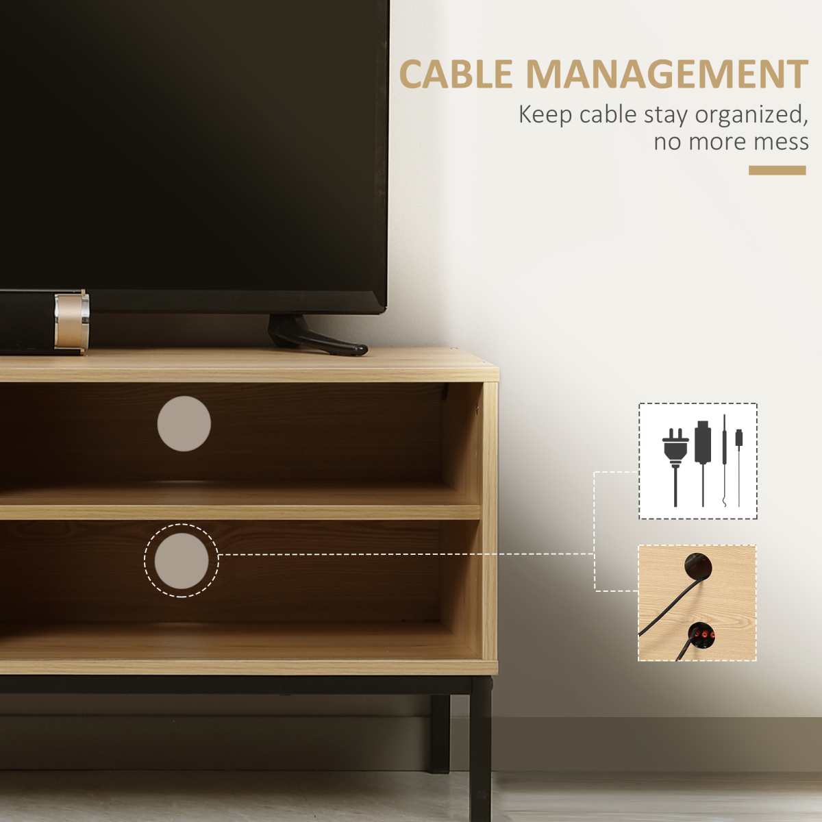 HOMCOM 50-inch TV stand cabinet with sliding door, open shelves and cable access for living room.