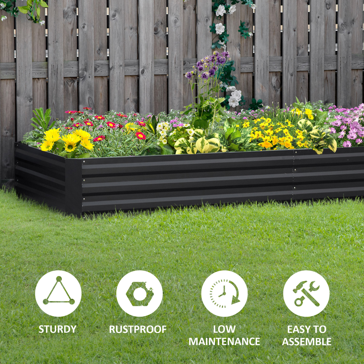Outsunny galvanised steel raised garden bed 120x80 cm with open bottom, filled with colorful flowers.