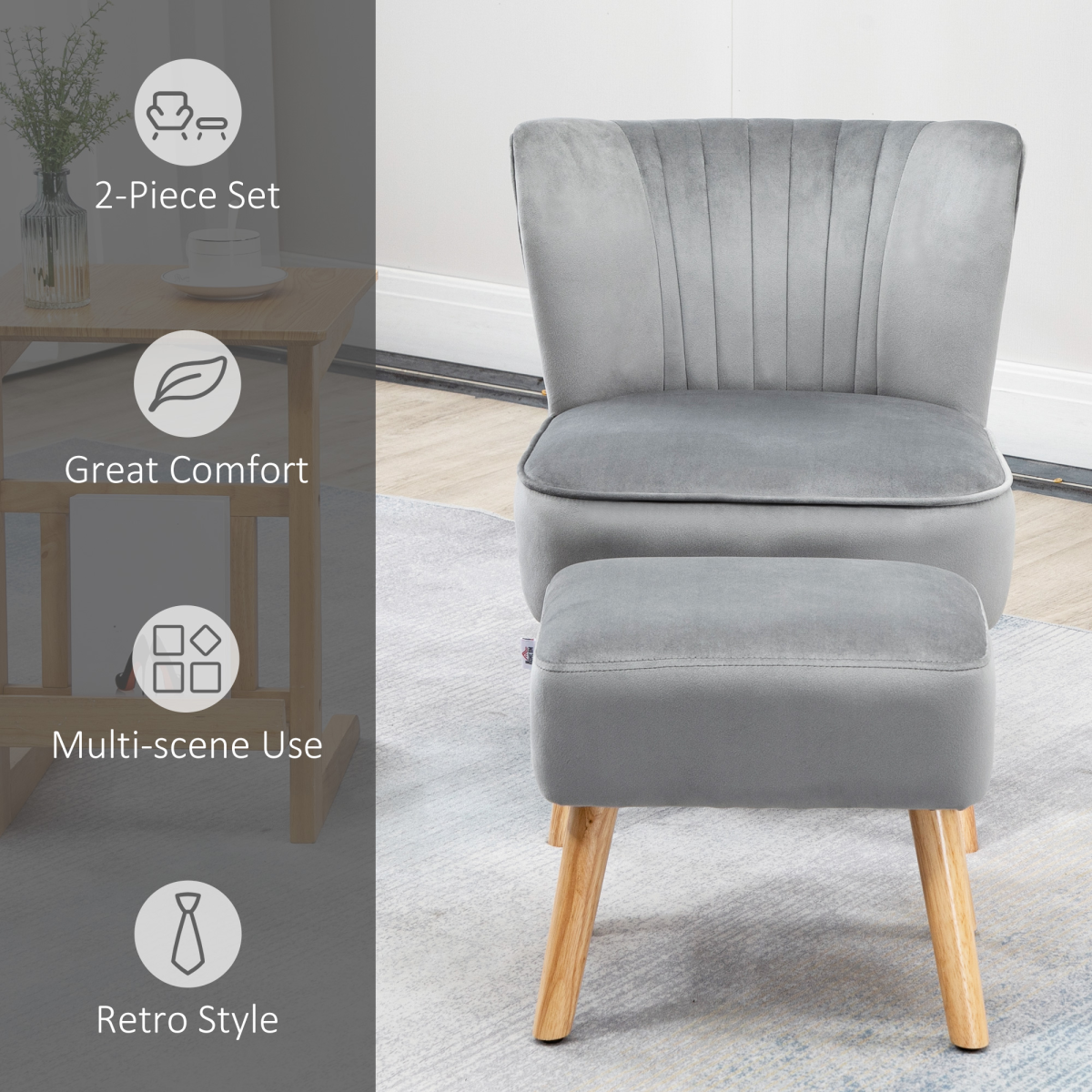 Home Symphony Velvet Feel Accent Chair Ottoman TubSeat Padding Wood Legs in soft gray velvet with matching ottoman.