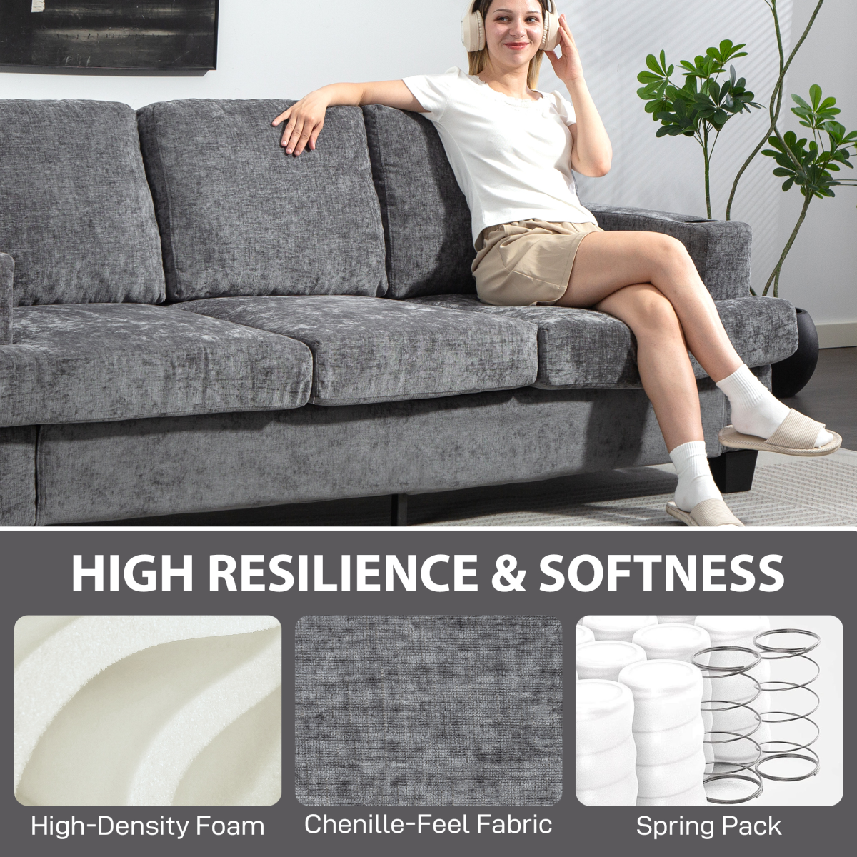 Homcom Sofa 3 Seater Gray With USB Ports Cup Holders Home - HOMCOM - Home Symphony