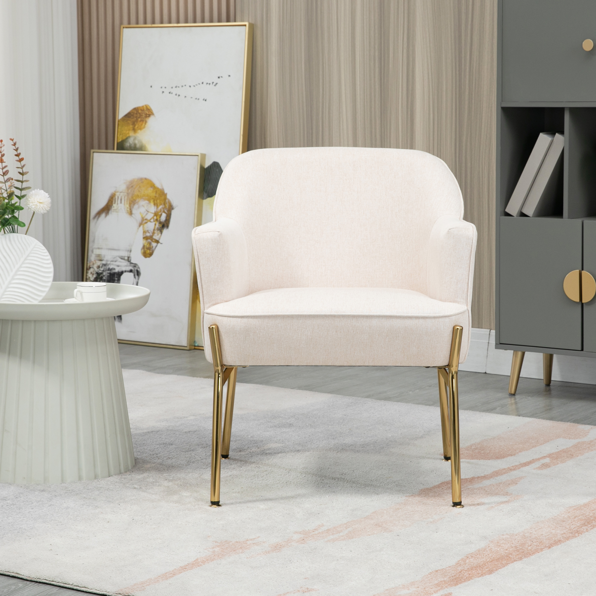 Premium Fabric Armchair Tub Chair Gold Legs For Living Room by Home Symphony in beige upholstery with gold legs.