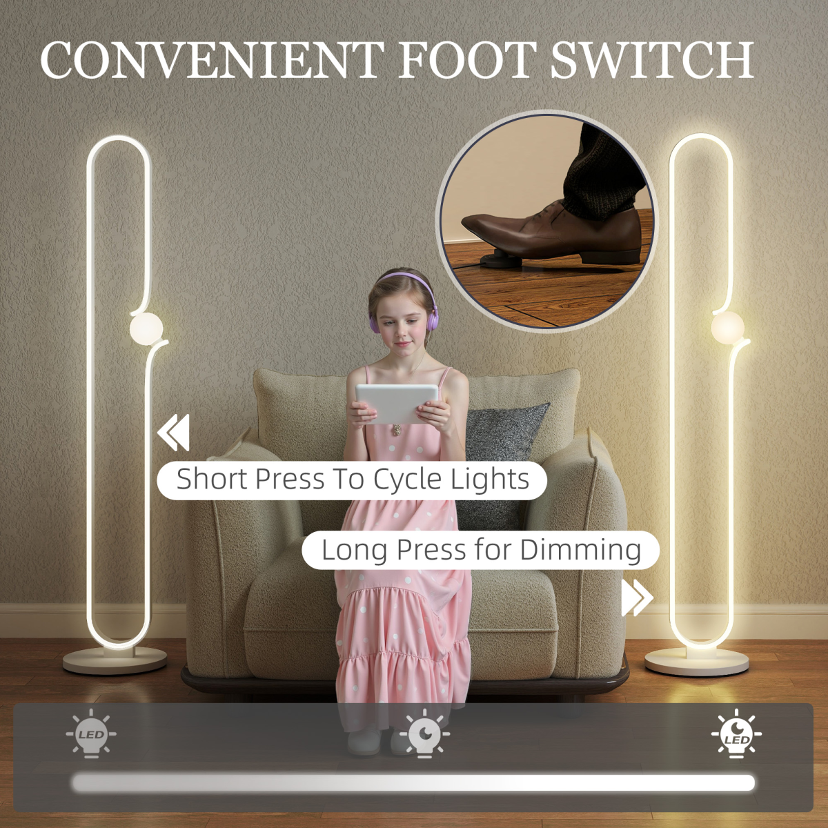 HOMCOM Dimmable LED Floor Lamp with Glass Night Light, Foot Switch, White, features a stylish design and easy foot control.