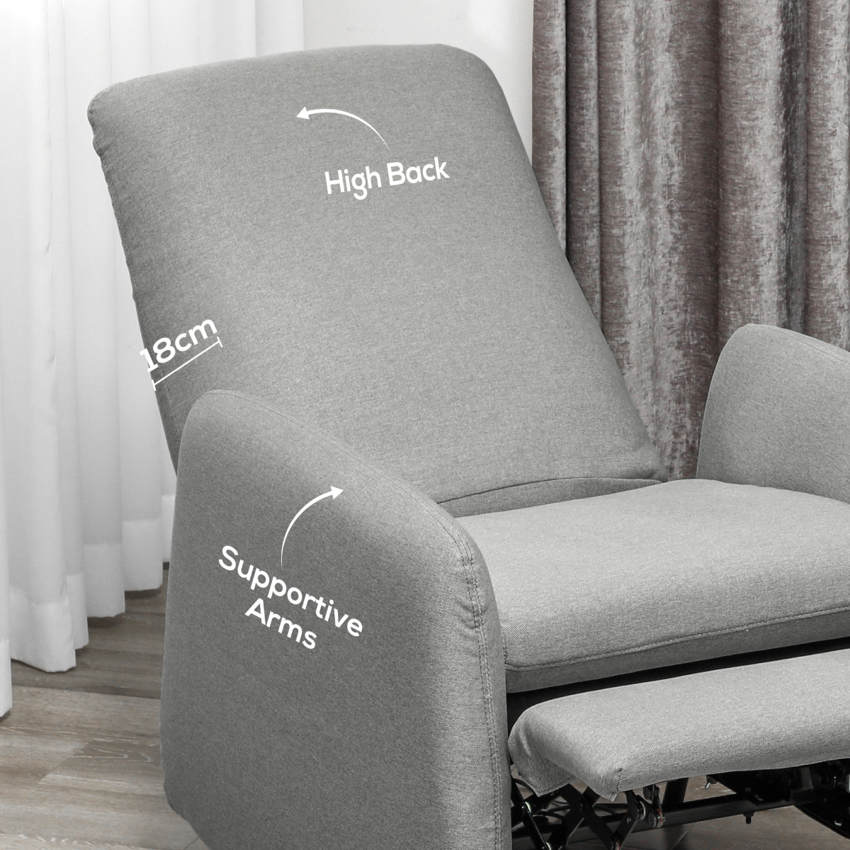 HOMCOM Push Back Recliner Chair Medium Footrest Bedroom in grey fabric with built-in footrest for bedroom lounge.