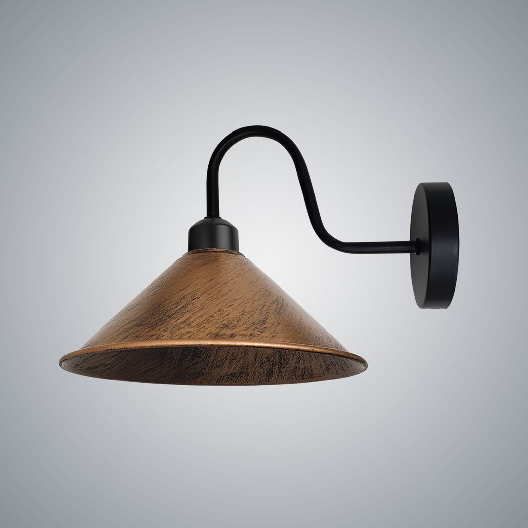 Home Symphony Brushed Copper Wall Light E27 Base Swan Neck Cone Shade with curved black arm