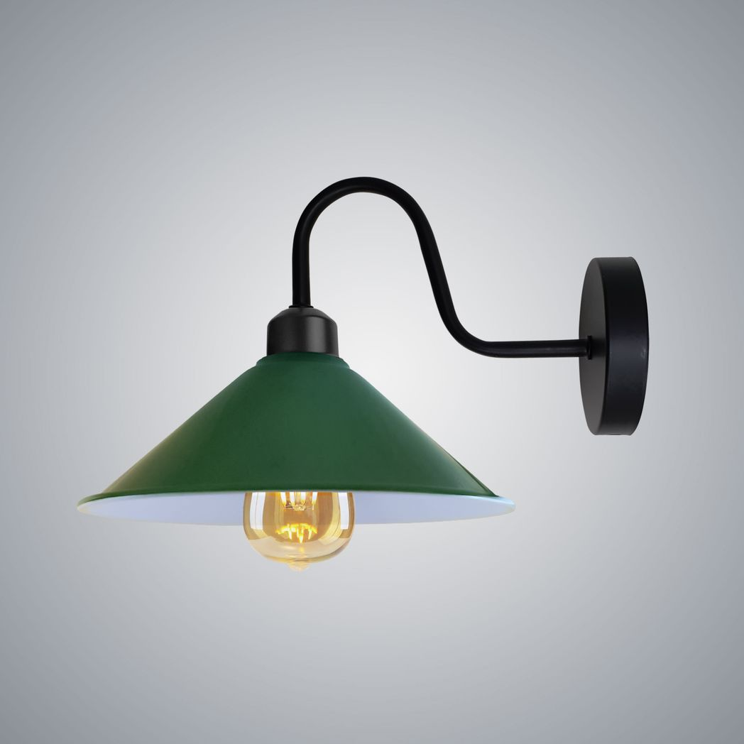 Eco Wall Light Fixture E27 Cone Shade Swan Neck For Home - green conical shade, black swan-neck arm, wall mount.