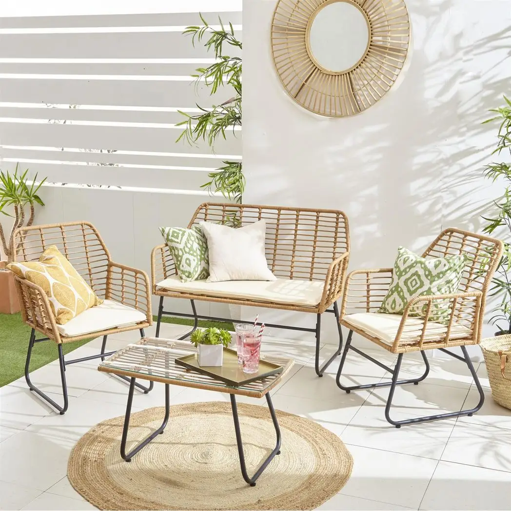 Neo Neo 4 Piece Wicker Bamboo Style Garden Sofa, Table & Chairs Set - Garden Sofa Sets