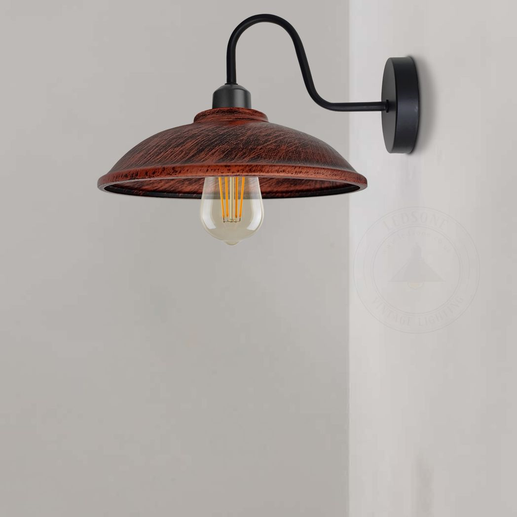 Home Symphony Rustic Red Wall Sconce 8in E27 Swan Neck Hemisphere Shade mounted on wall with black arm and Edison bulb