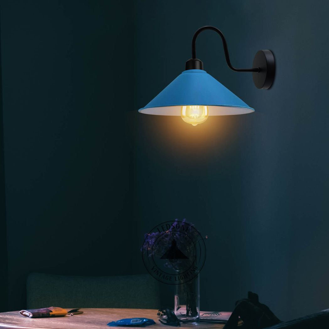 Premium Wall Light Cone Shade Swan Neck E27 Base Blue Home blue cone shade wall lamp with swan neck.