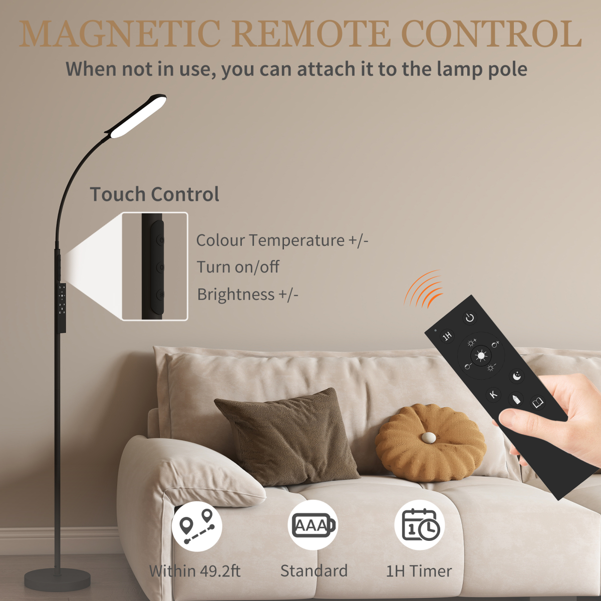 HOMCOM LED Floor Lamp for Living Room with Magnetic Remote Control, Black offers five scene modes and adjustable brightness.