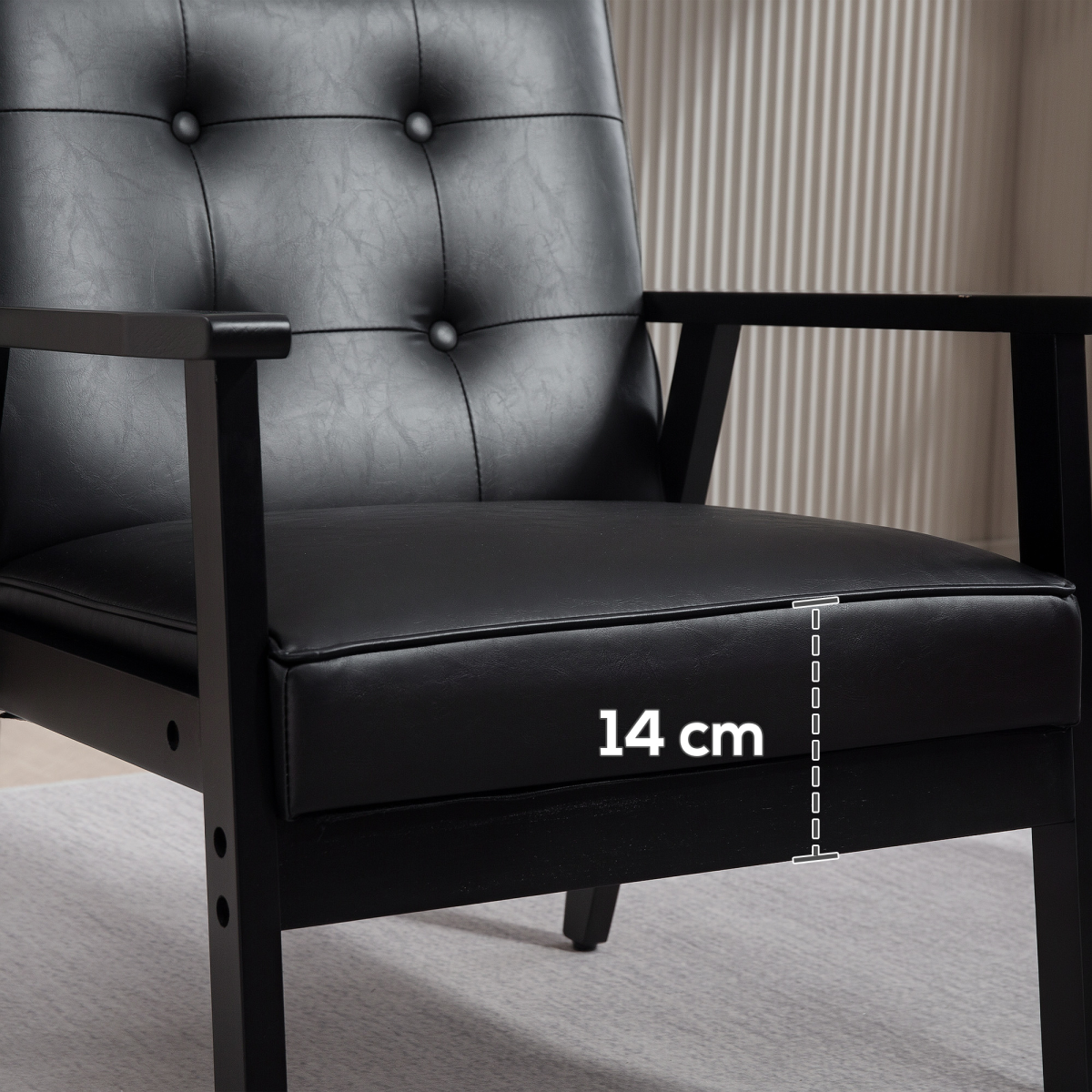 HOMCOM PU Leather Accent Chair With Armrests Living Room: black PU leather, tufted back, rubber wood frame.