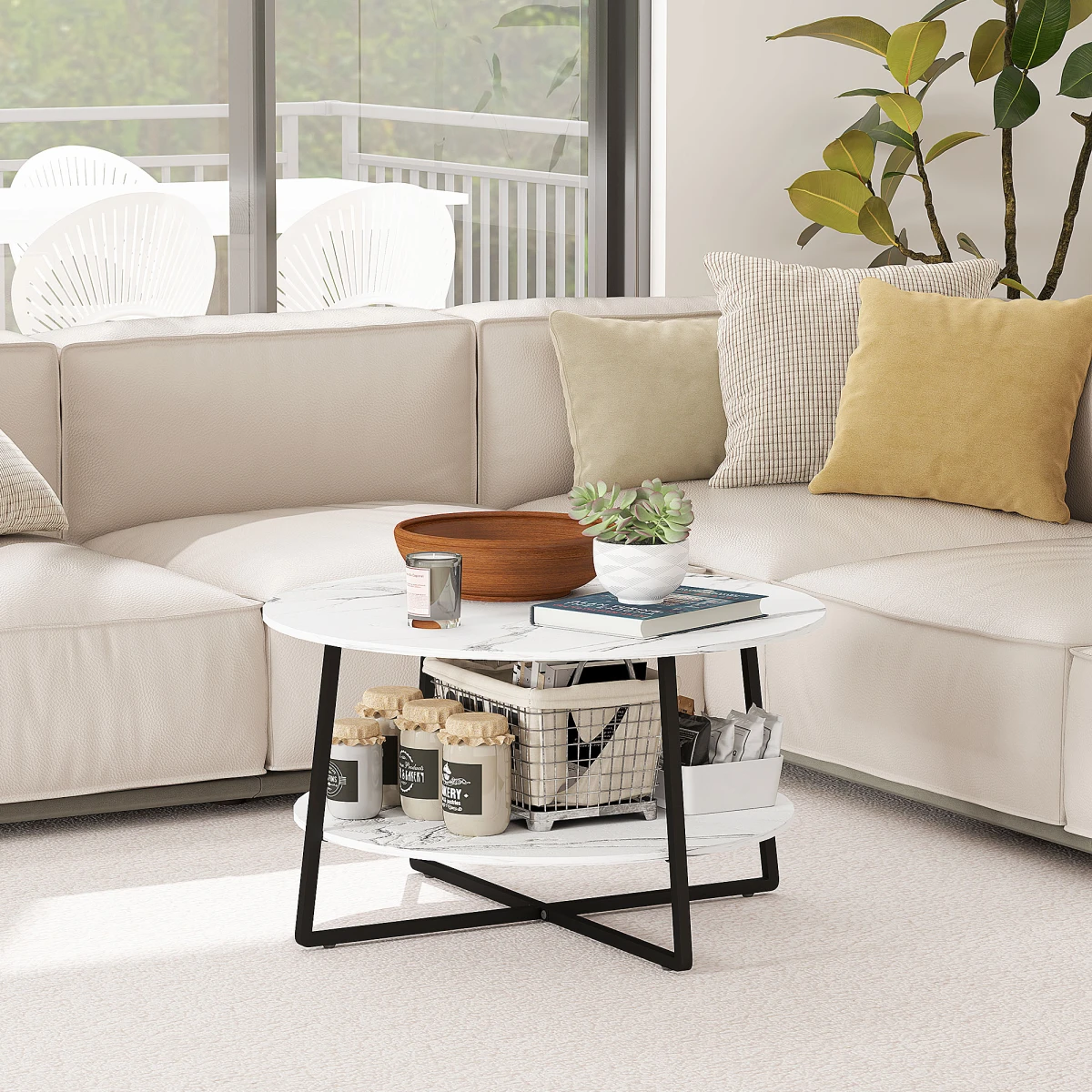 HOMCOM Round Coffee Table 90 cm Diameter Marble Effect Top Storage Shelf Two Tier Ideal for Living Rooms by HOMCOM