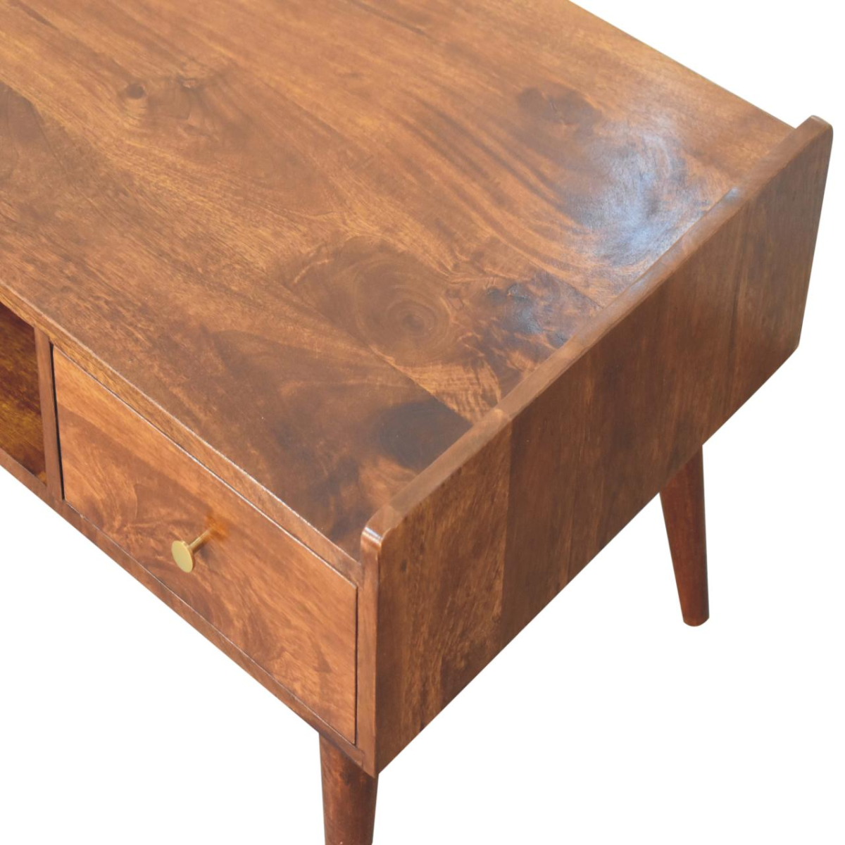 Artisan Media Unit: wide chestnut finish mango wood TV console with raised edges and Nordic legs.