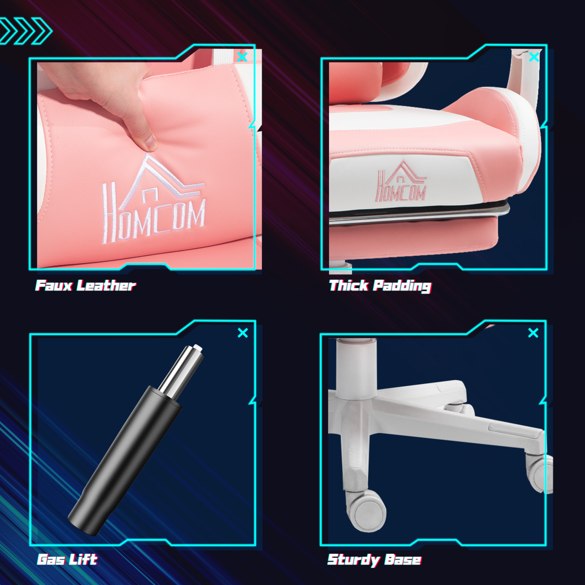 HOMCOM Pink Gaming Chair 44-52cm Recline Footrest for Gamers with pink faux leather and cat-ear accents.