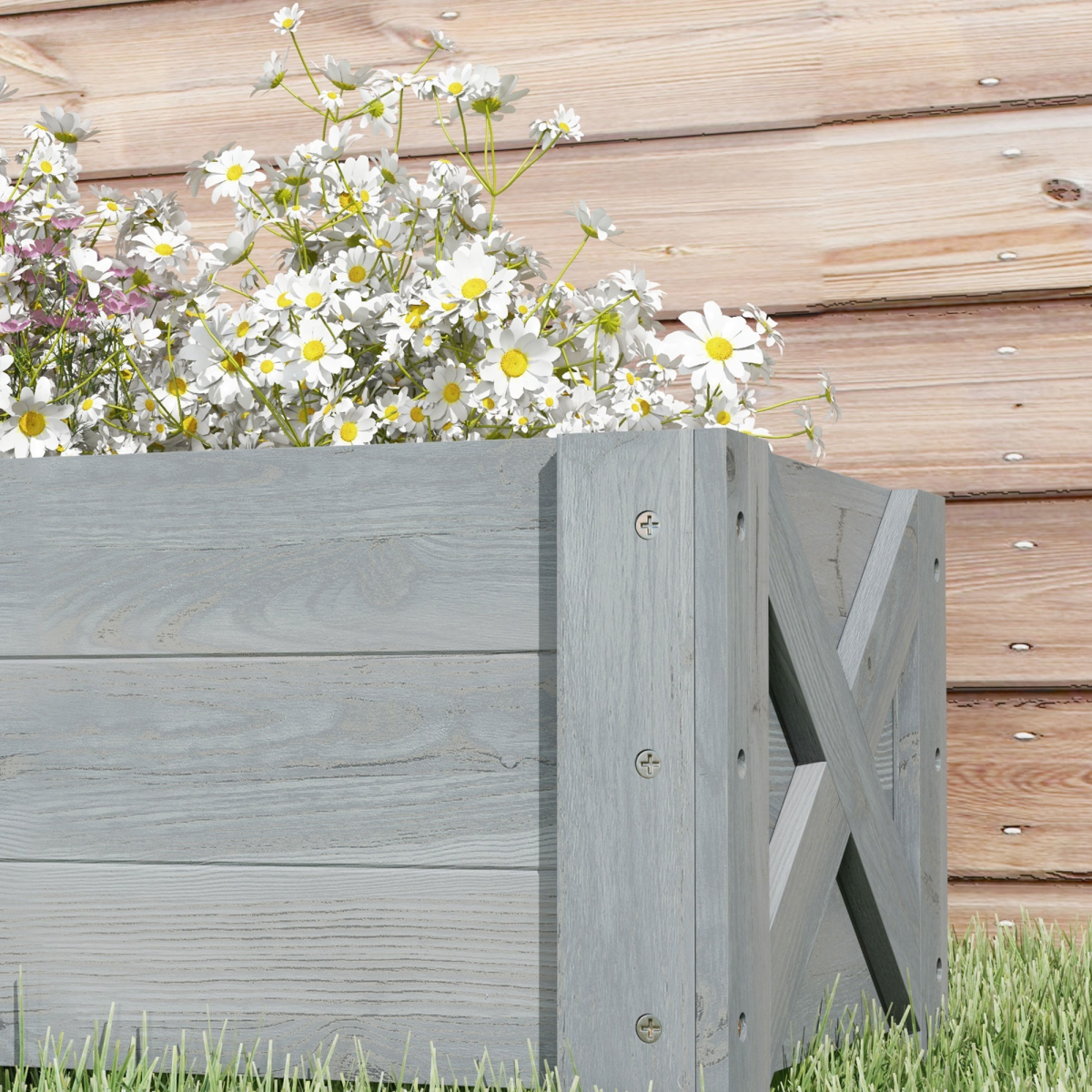 Outsunny raised bed planter in gray wood filled with white daisies, 100x36.5x36 cm