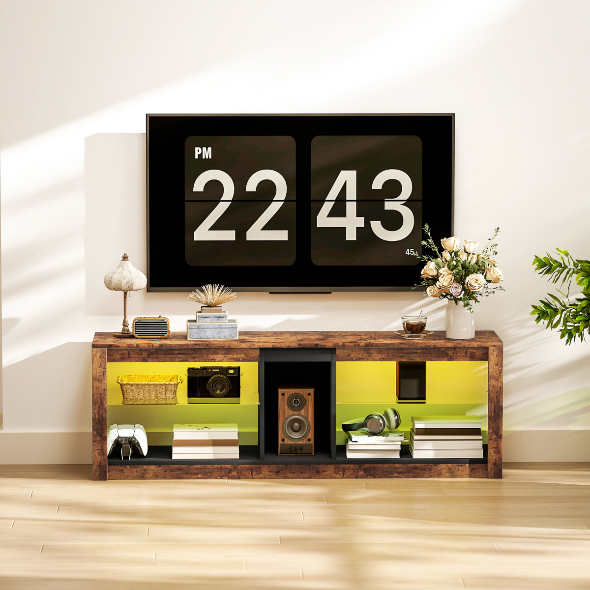 HOMCOM 140cm TV stand with LED-lit shelves and yellow interior, supports up to 65-inch TVs.