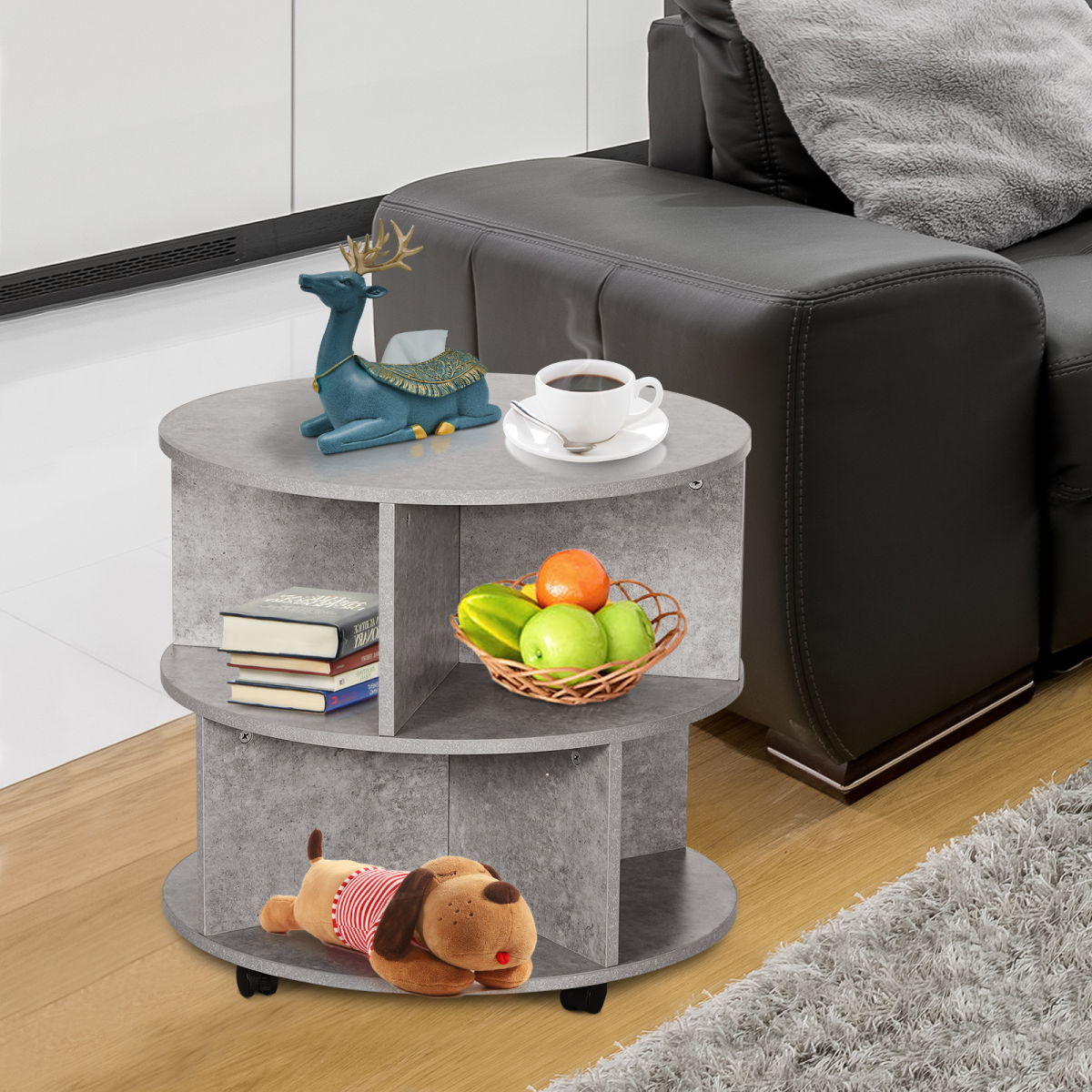 Concrete Finish Round Coffee Table 60x39.5cm Two Tier With Sector Shelves For Living Room - HOMCOM - Home Symphony