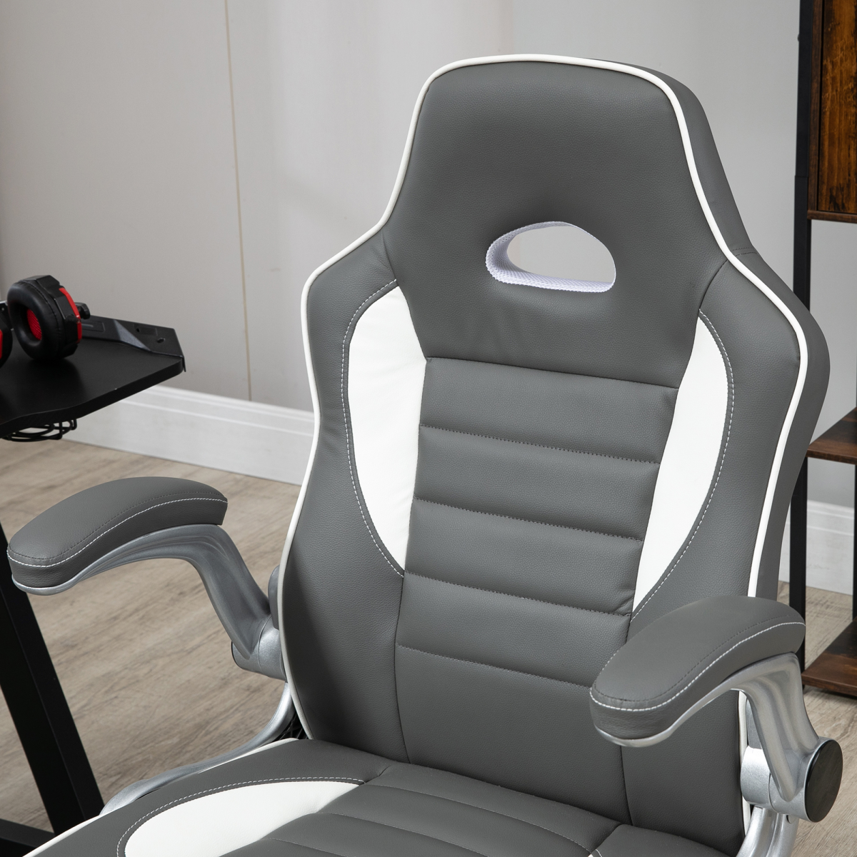 Home Symphony Elite Racing Chair 112-122cm Adjustable Flip Armrests Gamers with high-back grey and white upholstery