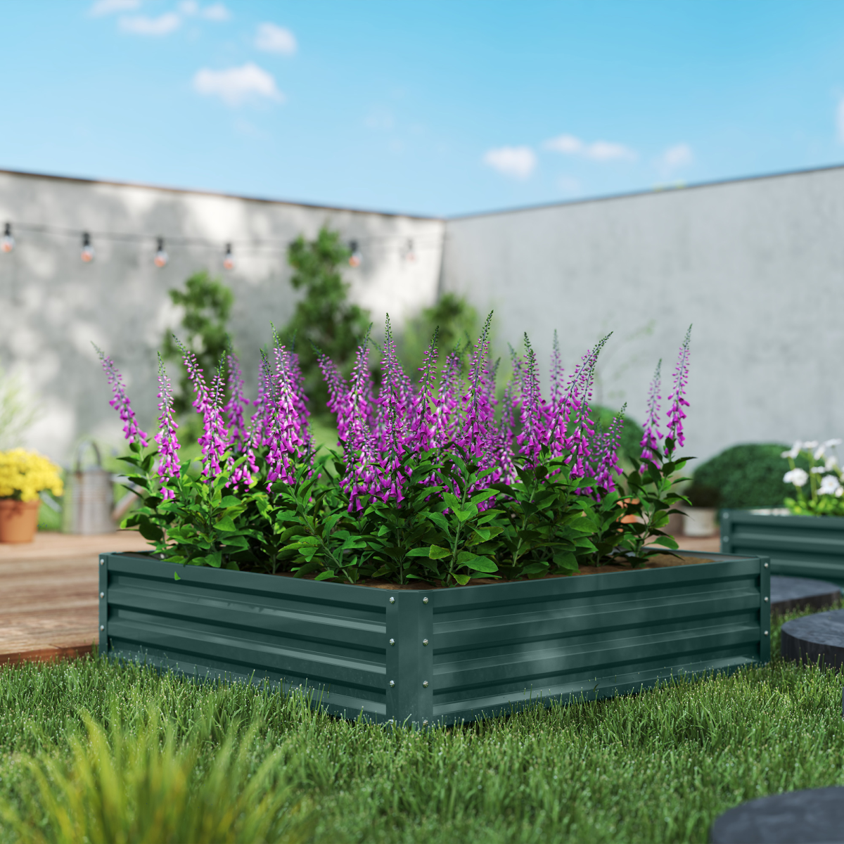 Premium raised garden bed 120x120 cm with open-bottom design, green finish, growing purple flowering plants.