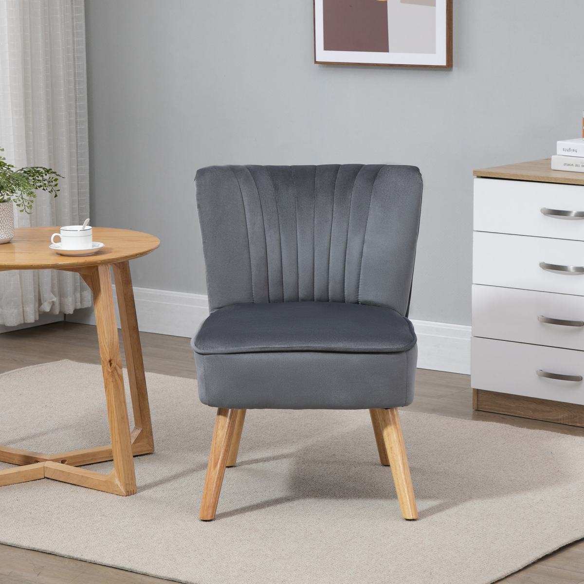 HOMCOM Velvet Accent Tub Chair Soft Upholstery Living Room in Grey with wooden legs.